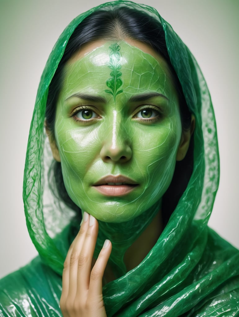 Portrait of a woman experiencing spiritual experience, wrapped green film