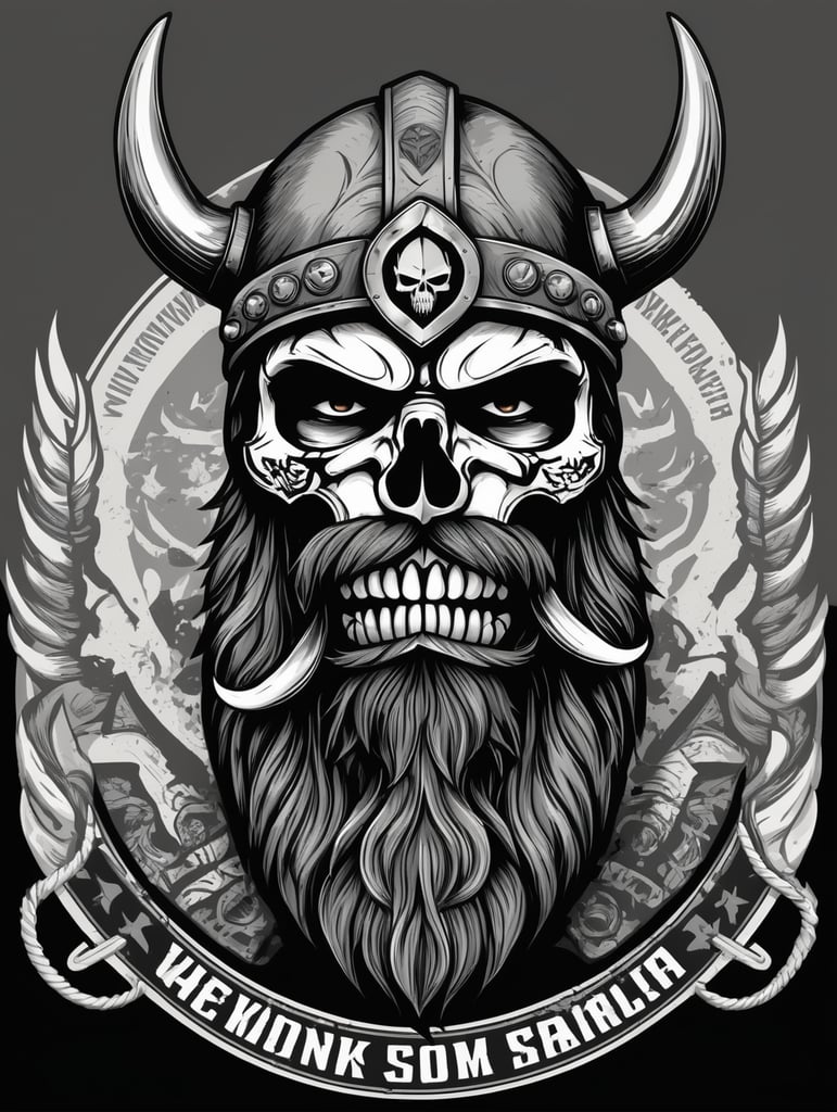 Aggressive Viking with beard skull military chevron logo, black and white, war Logo, vector image