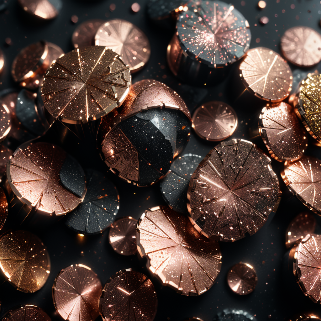 Rose gold glitter scattered on white background