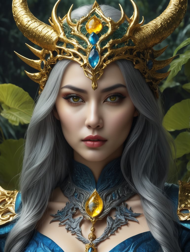 photorealistic, An beautiful the face of a woman dressed in demon attire, in the style of light gray and light gold, vibrant illustrations, intricately sculpted, realistic hyper-detailed portraits, white and amber, queencore, depicts real life --ar 3:5 --v 6. 0, High angle, in a Safari Jungle, made up of Vines, tree leaf's, Lush Green, Blue, Yellow, Black, Epic Fantasy, photorealistic, stunning cinematic visual, Super-Surreal Gothic Aesthetics, dark and moody"