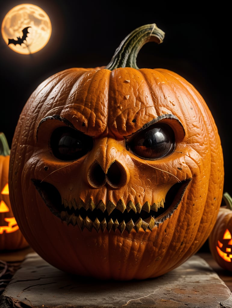 Halloween pumpkin photorealistic illustration, scary, dark