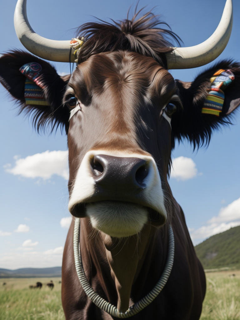 Envision a hyper-realistic, high-resolution image capturing a unique sight: a hippie cow with a beard. The cow is adorned with symbols of peace and love, its fur patterned with vibrant, psychedelic colors. A thick, shaggy beard hangs from its chin, adding to its unconventional appearance. The cow stands in a lush, green pasture under a clear blue sky, embodying the free-spirited ethos of the hippie movement. The colors should be a mix of the natural hues of the cow and the pasture, contrasted with the vibrant colors of the hippie symbols. The composition should be a mid-shot, focusing on the cow and its unique features.