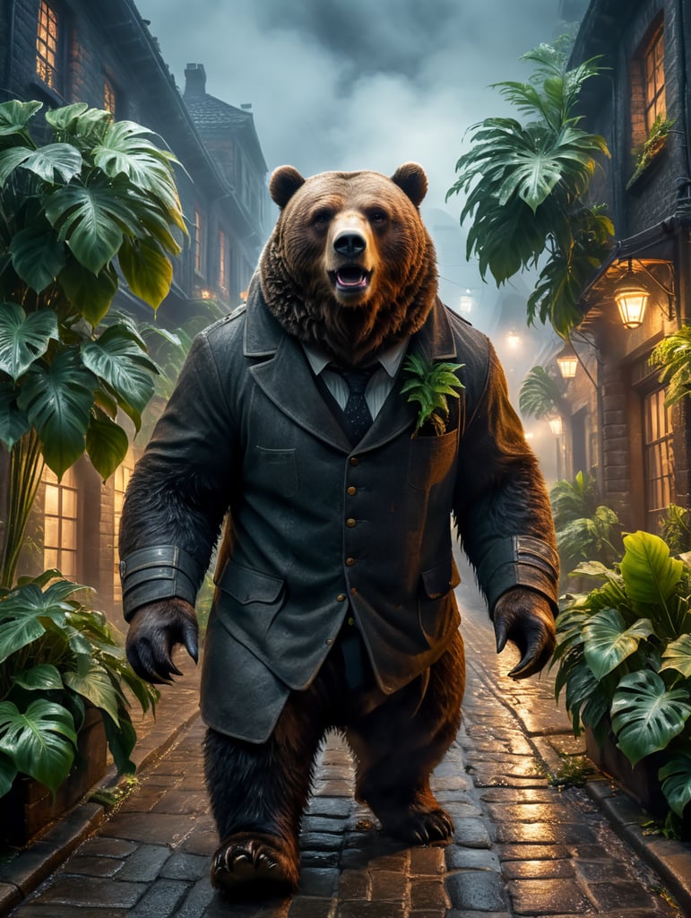 oso grizzly vestido como un peaky blinders en una calle adoquinada con niebla por la noche y rodeado de plantas monsteras