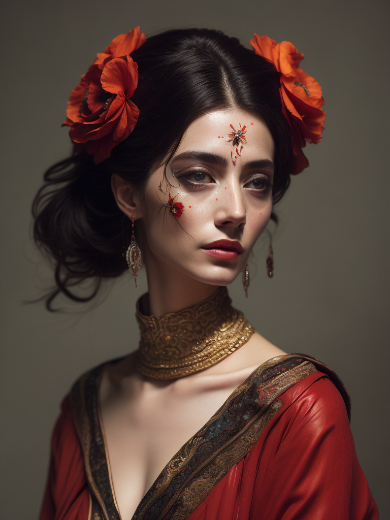 Giuseppe Scuderi, ultra-fine detailed painting of a woman with an opium poppy flower in her hair, a whimsical, detailed painting. A girl has cosmetic skin patches under her eyes