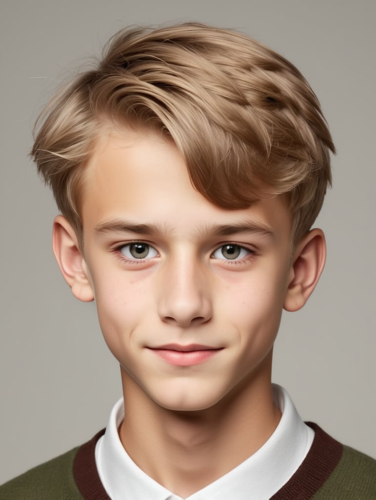 a skinny dark blonde boy with a enourmous nose and a middlepart haircut about 15 years old