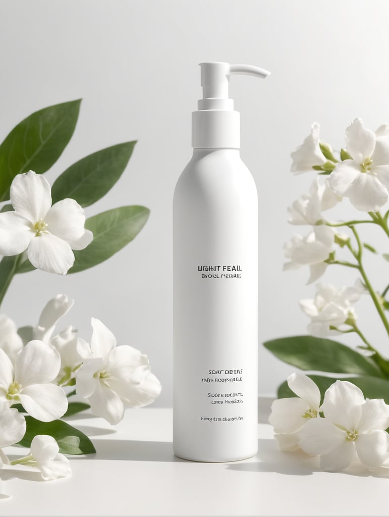 Skincare lotion bottle mockup, botanical background