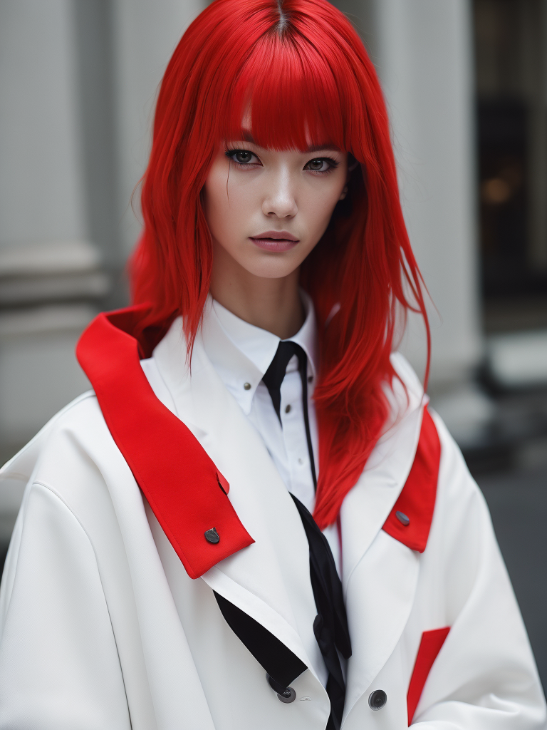meaningful surreal tumblr amateur balenciaga's street fashion photoshoot of a beautiful 3d anime girl, interesting poses, photorealistic, red and white colors, photo shoot, cinematic still shot, magazine photography, 35mm, film look