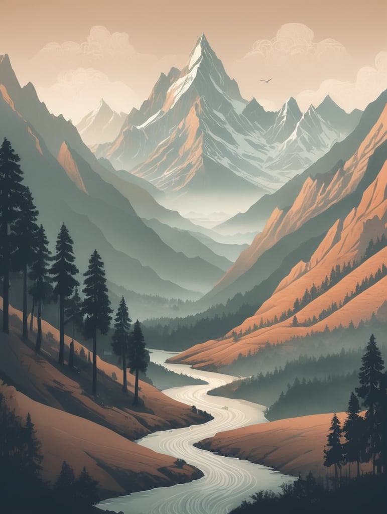 An epic landscape illustration inspired by the Romanticism art movement, showcasing majestic mountains in the shape of the Indian Map.