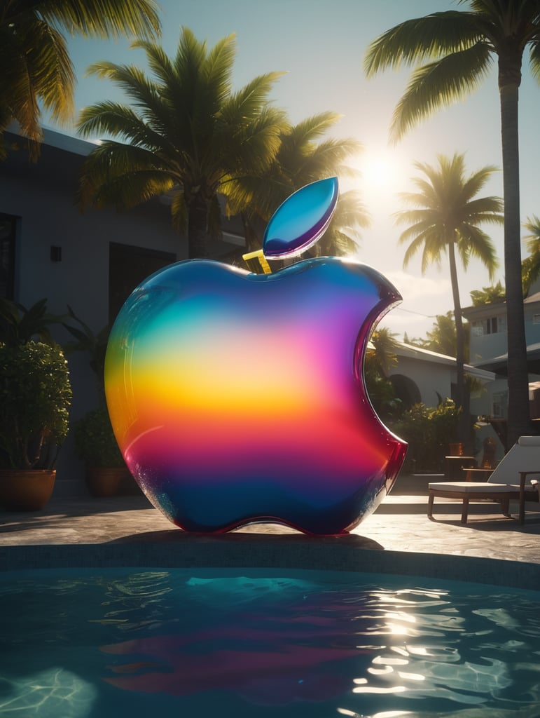 hyper realistic apple imacs as clear plastic pool float with sunlight shining through, neon palette, miami beach, unreal engine, octane render, cinematic lighting, highly detailed miami beach, y2k, bright colors, hyperrealistic, low angle, 16k, 8K UHD, 8K texture, cinematic, rim lighting, neon palette, color theory, dramatic, volumetric lighting, 35 mm, in focus, unreal engine, highly detailed, octane render, ultra high resolution