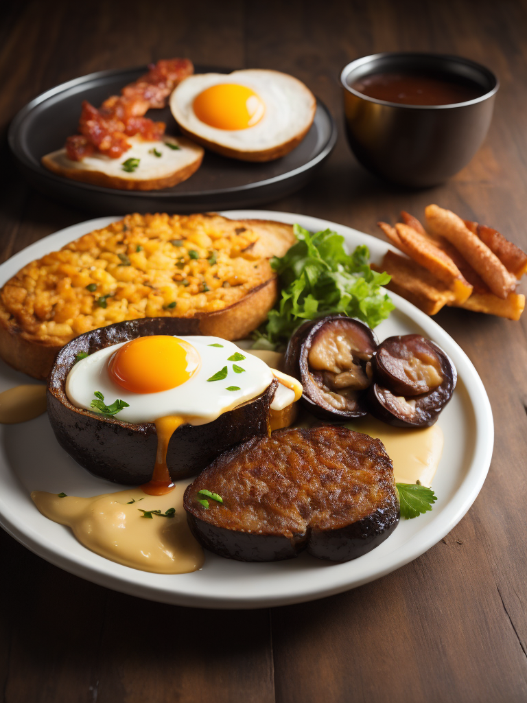 a product photo of fried eggs and bacon and hash browns and black pudding and mushrooms and toast, photorealistic, highly detailed, restaurant background, studio lighting, Canon 5D Mark iii, Canon 85mm prime lens