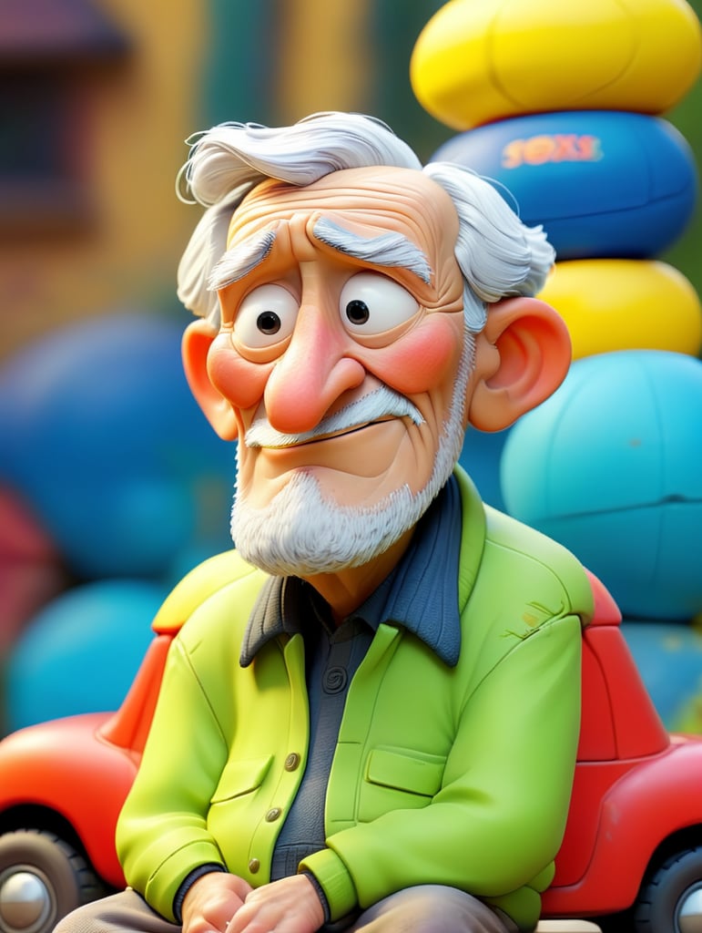 Elder man with wrinkled face, sitting on large a toy car, blurred background, vivid saturated colors, contrast color