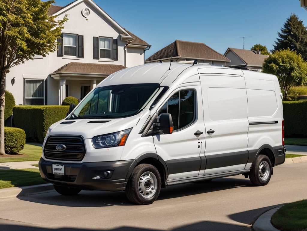 A white ford transit van parked on the street in front of a suburban house, sunny day, publication advertisement photography, hyper realistic