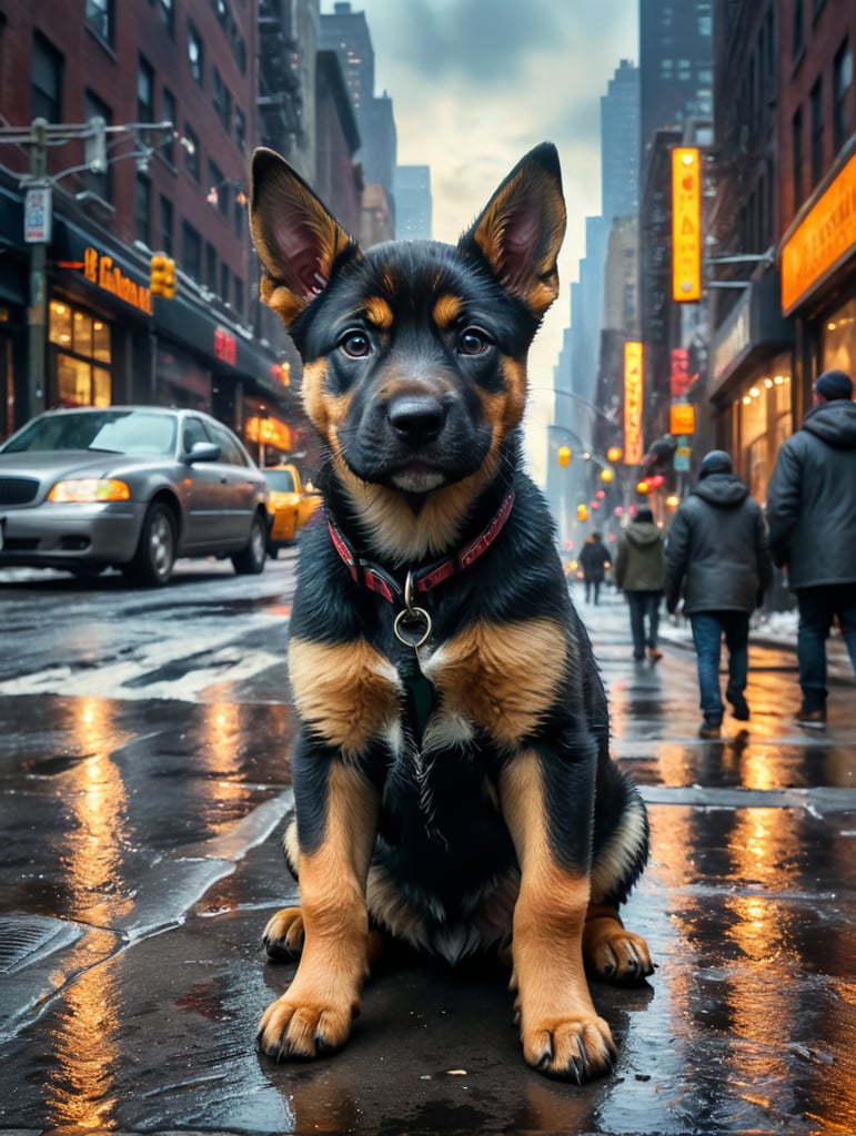 Pitbull German Shepherd mix puppy, looking for its mother on the streets of New York City busy street in the cold