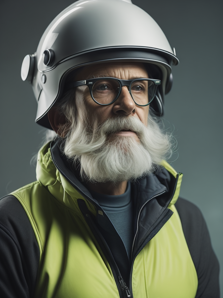 a gnome from fairytale 76 years old wearing a neon green helmet dressed in athletic clothing and glasses, in the style of futuristic glam, retro futurism, neon green clothing, glasses without color, clear glass, long white hair, teal background, mike campau, anton fadeev, high gloss, mono-ha