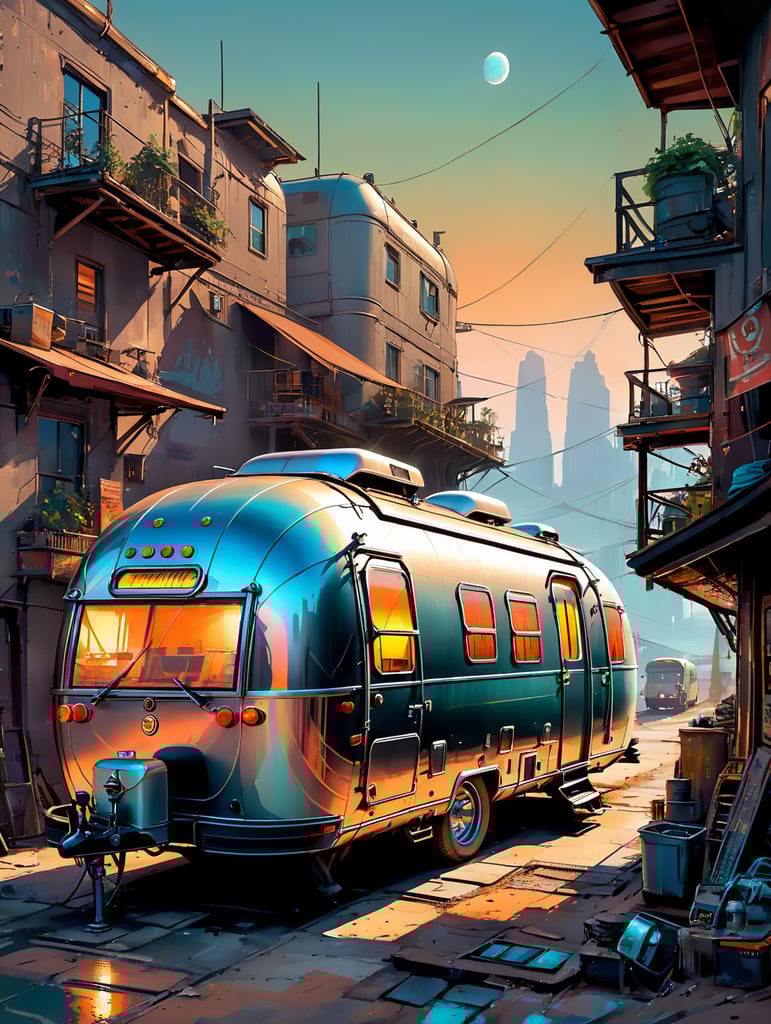 Futuristic alien Airstream camping trailers, steampunk and neon, cyber technology