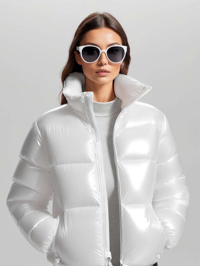 Inflatable white minimalist women's puffer jacket, wearing sunglasses, transparent, isolated, grey background, mockup