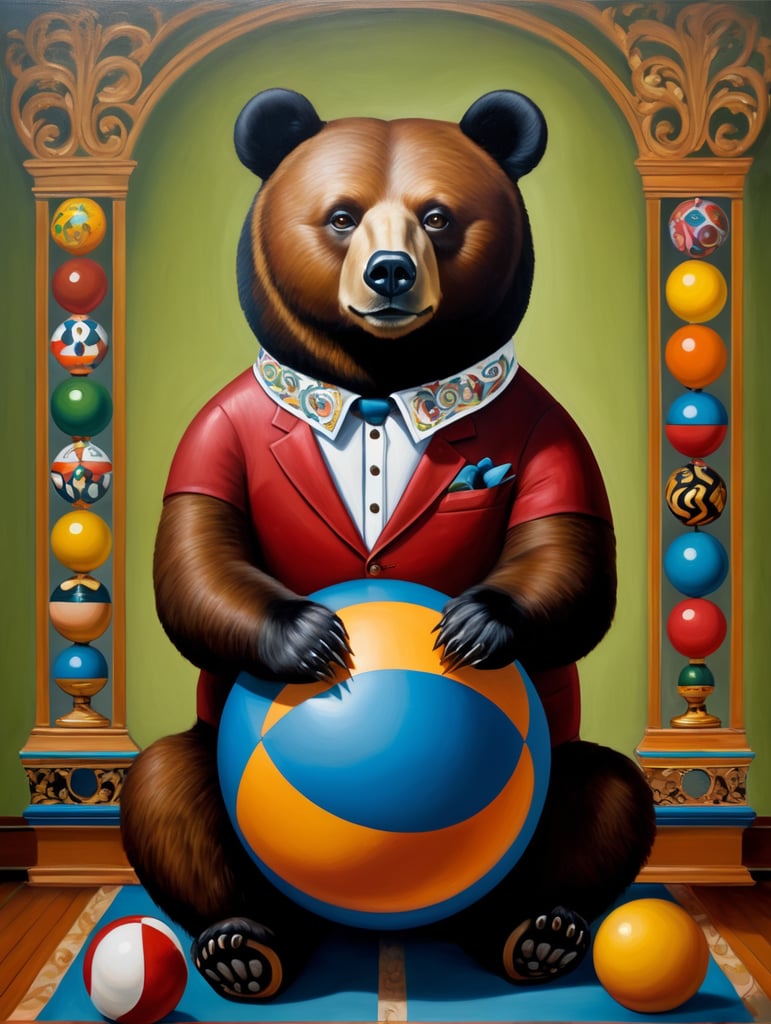 a bear on a ball, style of Catherine Nolin, Painting, Acrylic, Oil, Portrait, Interior, USA
