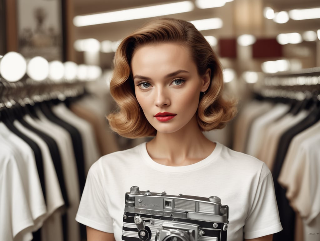 Extremely detailed photographic image, grained image, beautifully composed, monochrome image, 50's fashionable image, fashionable magazine photography, leica summicron 35mm f2.0, kodak 400tx, fashion photography, fashionable model, william s. burroughs, Woman wearing blank white T-Shirt in Clothing Store Mockup, mock up
