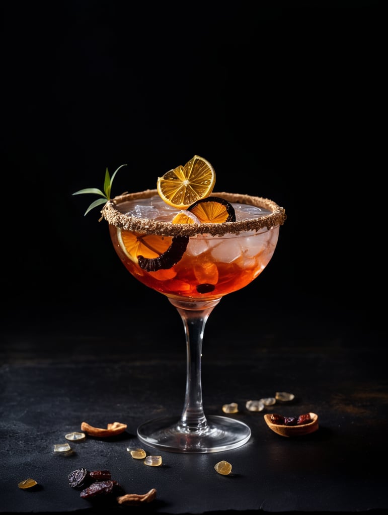 Gin cocktail with dried fruit slices, salted glass rim, mood lighting
