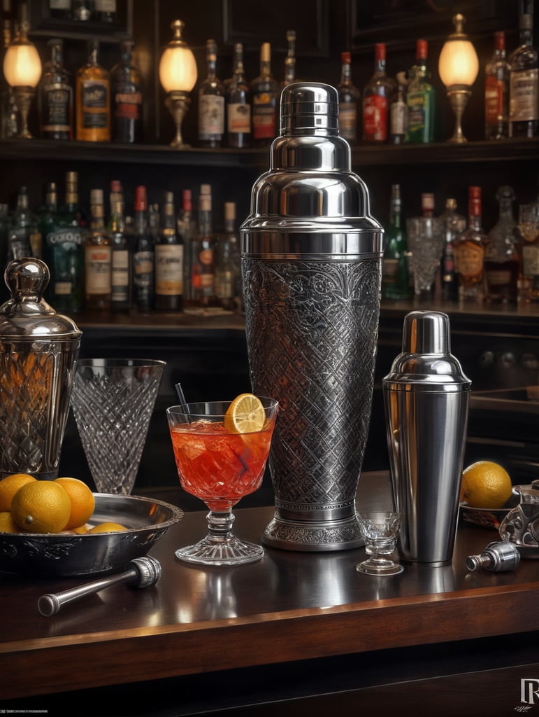 in the style of Catherine Abel - cocktail shaker and cocktail