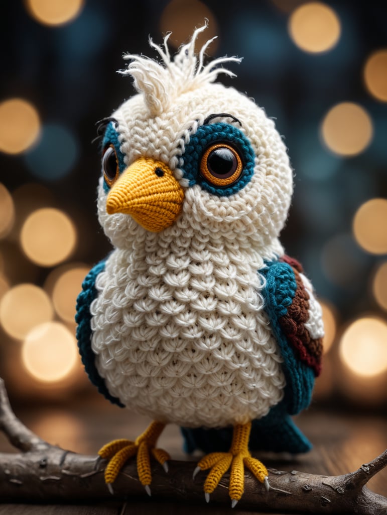 crocheted amigurumi bird, studio photo, white and beige shades, bokeh