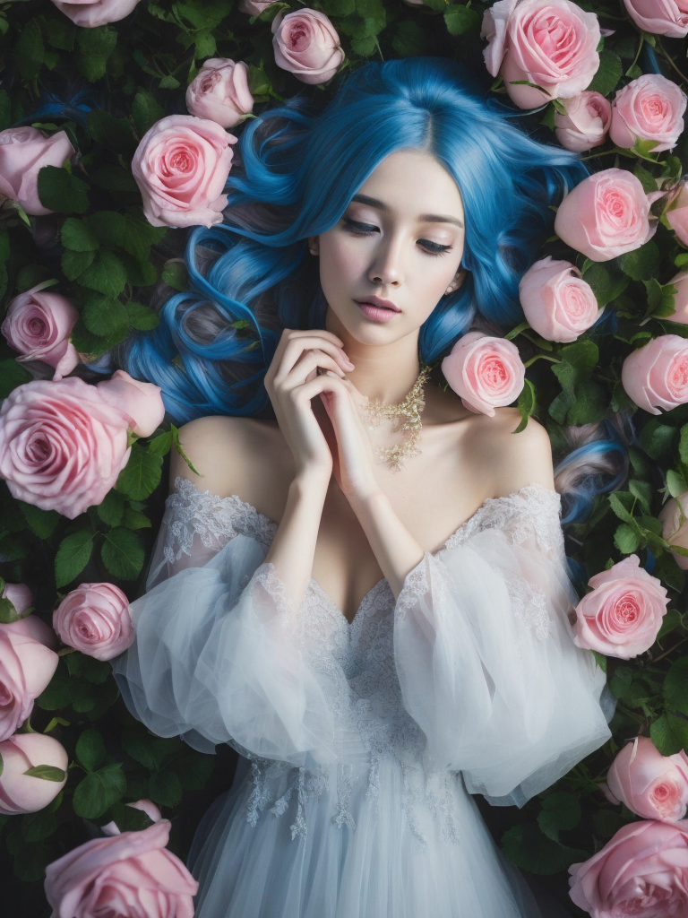 Desktop HD wallpaper: Flower, Rose, Dress, Model, Women, Blue Eyes, Blue Hair, Long Hair, Lying Down free download background picture,Human laying in flowers, top view, cinematic, dark light, beautiful colors, detailled, 4k