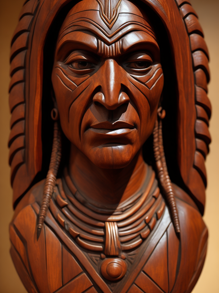 a redskin American totem carved from the dark wood, detailed, deep carving, handcrafted