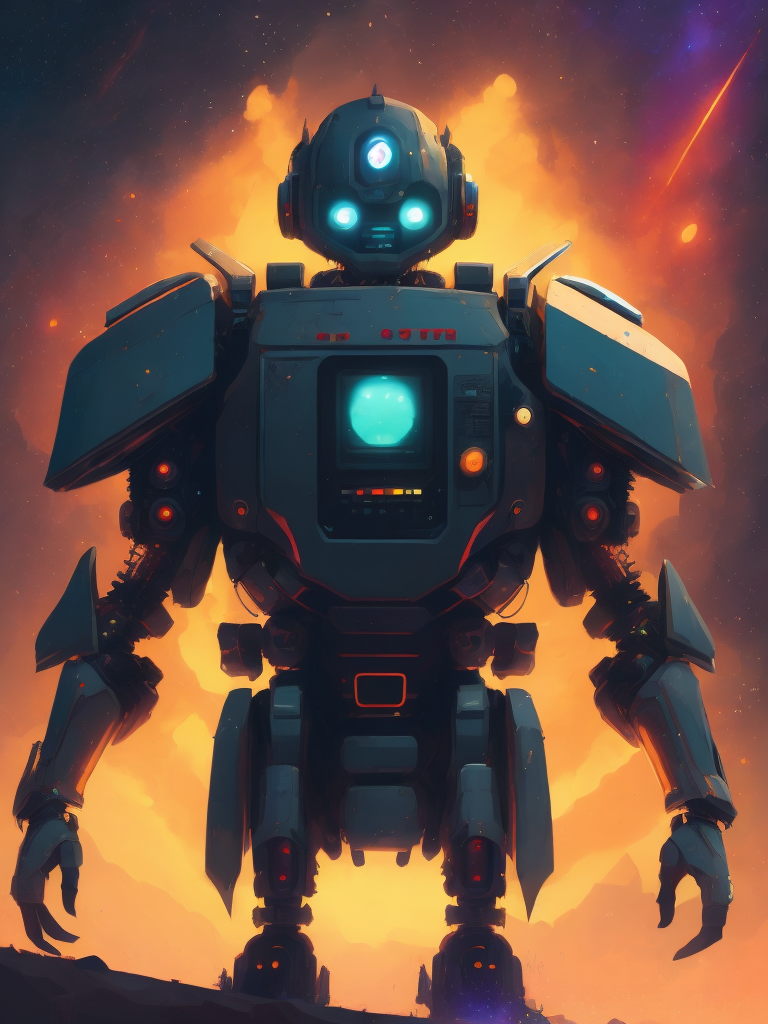 Photo of fusion of a robot monster with an alien in the space, style of laurie greasley, studio ghibli, akira toriyama, james gilleard, genshin impact, trending pixiv fanbox, acrylic palette knife, vibrant colors, devinart, trending on artstation, low details, light colors, dark background