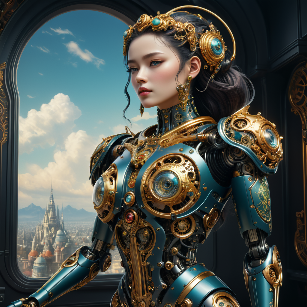 A female robot with an art Nouveau cyberpunk aesthetic, body is made from a delicate mechanical ornamental exterior reminiscent of a delicate gleaming porcelain and gold trimmed filigree should reveal a hollow see through body, hyper-surrealistic detailed 3d rendering digital art style, background galaxy sky