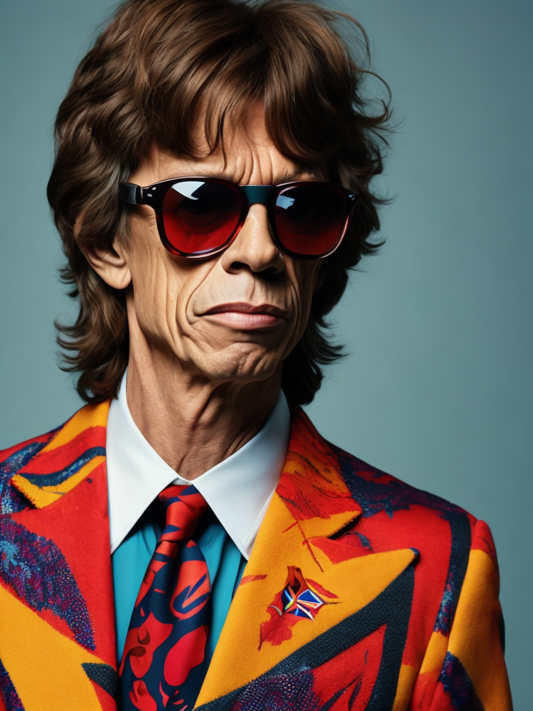 Mick Jagger wearing a brightly patterned jacket and wayfarer glasses, Vivid saturated colors, Contrast color