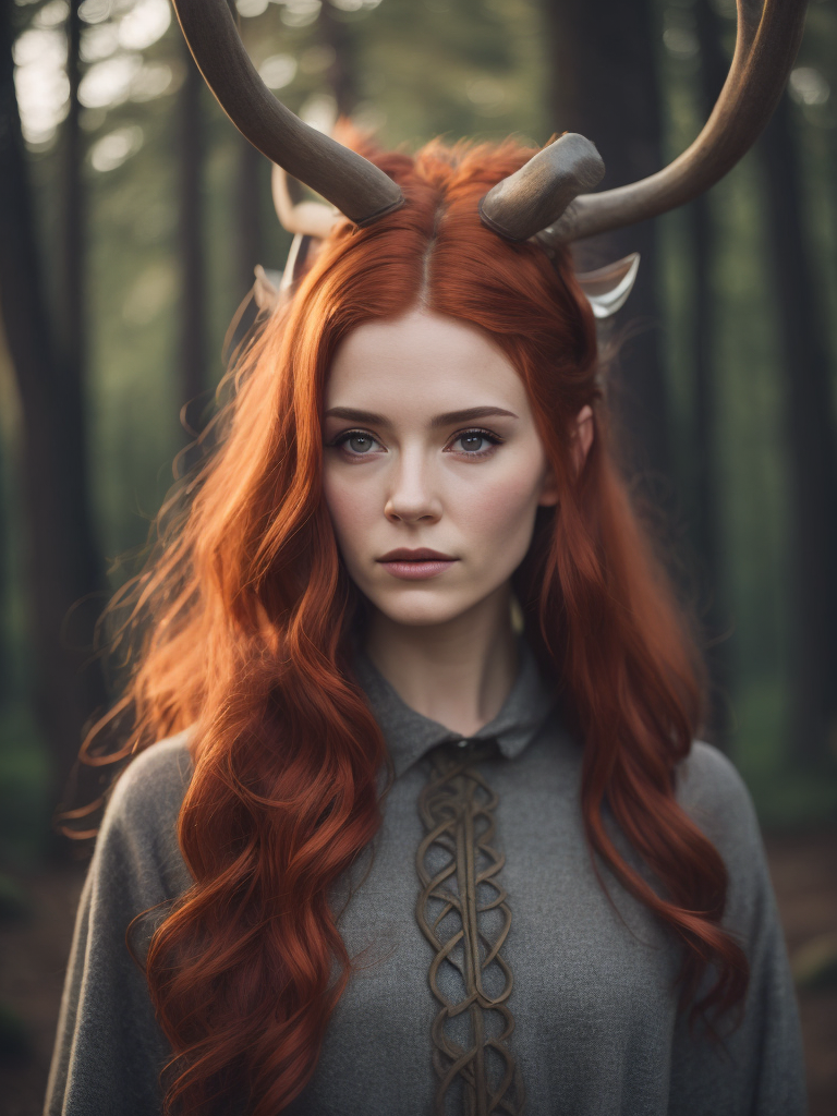 celtic pagan red haired woman wearing antlers on her head, goddess, beautiful, in a forest