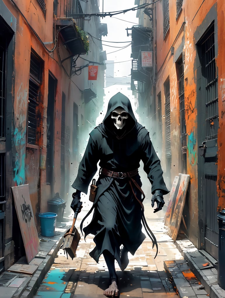 Grim Reaper running into an alleyway seen from a whole new angle