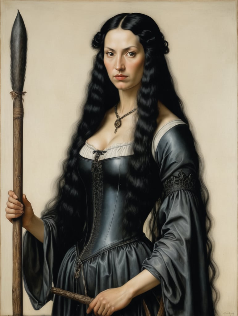 A masterpiece painting by albrecht duerer of a woman with black long hair posing for a painting, standing, portugese witch medevial, black hair witch, famme fatal 36 years old