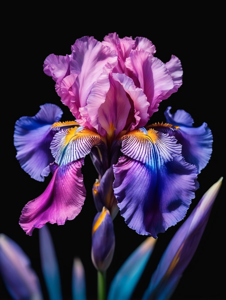 Photorealistic vibrant purple, pink and blue iris flower with a bioluminescent glow. Against a totally black background. Blur the lines between reality and fantasy.