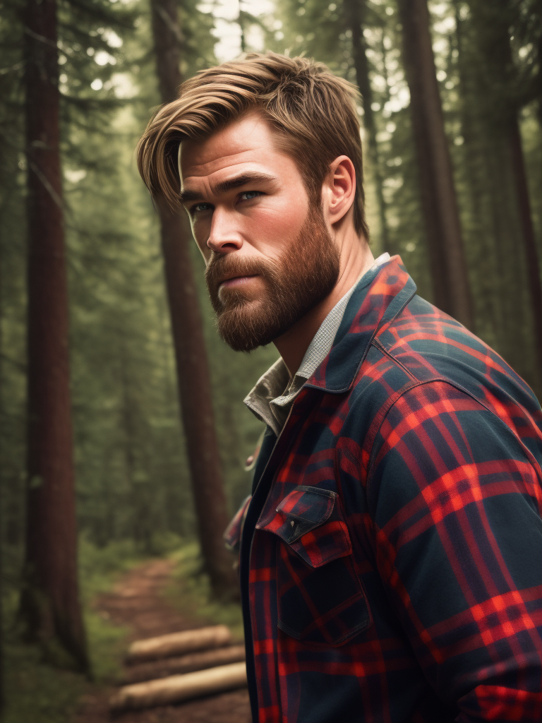 Portrait of Chris Hemsworth as a Canadian lumberjack, with a large beard and a plaid shirt, against the backdrop of a dense forest, bright saturated colors, Contrasting cinematic light