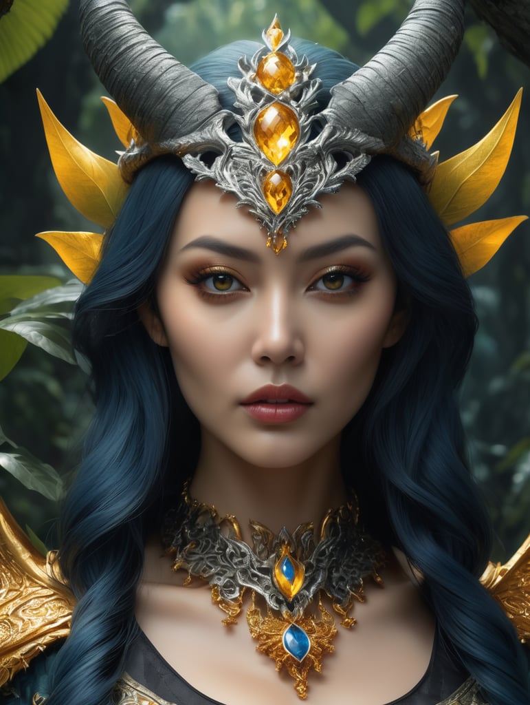 photorealistic, An beautiful the face of a woman dressed in demon attire, in the style of light gray and light gold, vibrant illustrations, intricately sculpted, realistic hyper-detailed portraits, white and amber, queencore, depicts real life --ar 3:5 --v 6. 0, High angle, in a Safari Jungle, made up of Vines, tree leaf's, Lush Green, Blue, Yellow, Black, Epic Fantasy, photorealistic, stunning cinematic visual, Super-Surreal Gothic Aesthetics, dark and moody"