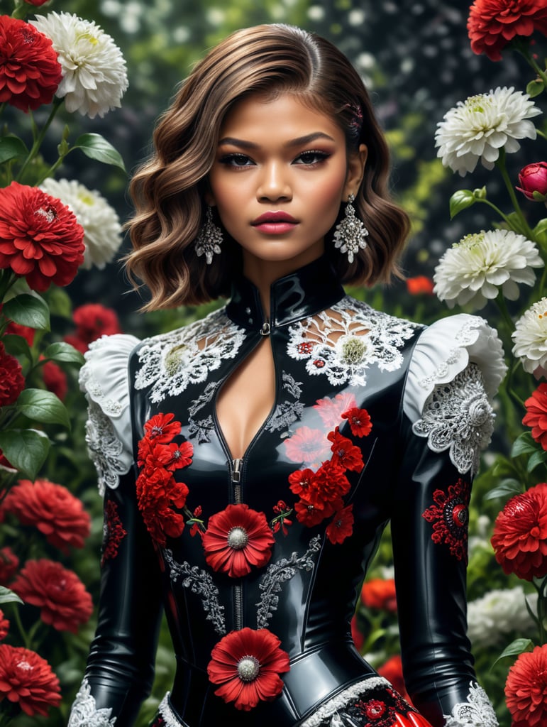 Zendaya with Dior poison perfume covered in a floral garden of red and black and white flowers