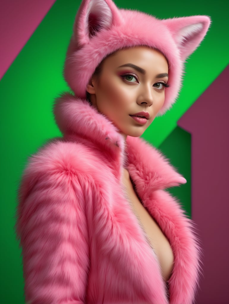 a babe in a pink fur suits poses in front of a green screen, in the style of bold, graphic lines, hyper-realistic pop, natalia rak, manticore, michael page, vibrant stage backdrops, kodak plus-x