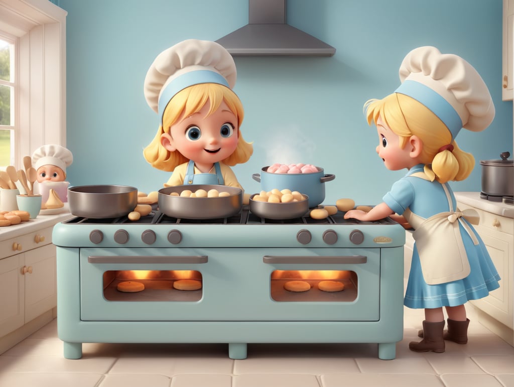 soft rounded CGI style illustrated image of children baking welsh cakes on a stove. view point from behind child looking at the working. soft pastel colours