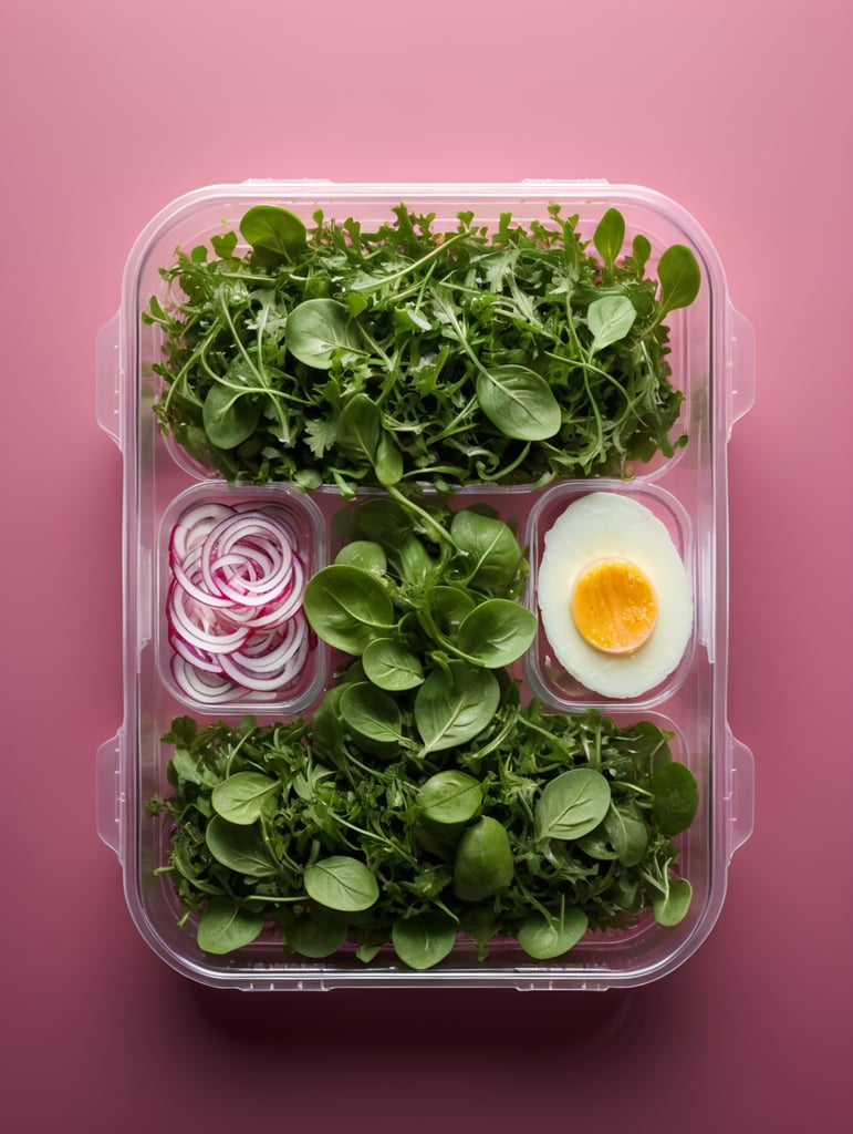 blank Transparent Plastic Container with Arugula Salad, isolated, pink background, Mockup, mock up