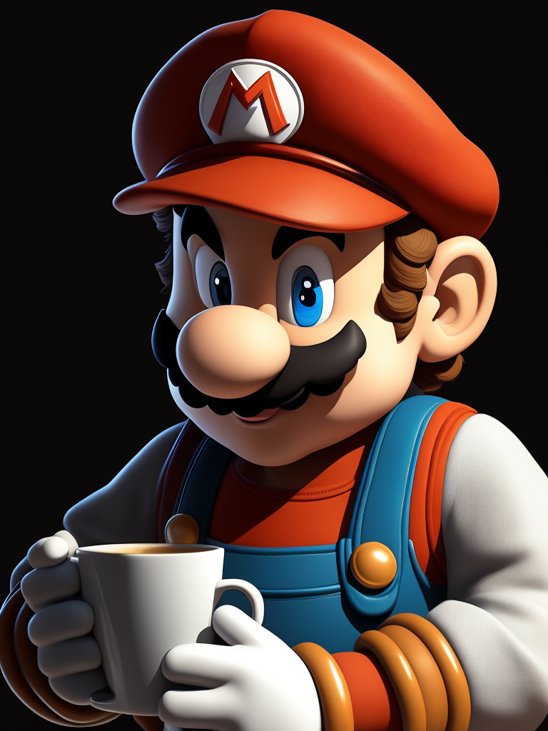 Mario drinking coffee, black background, illustration