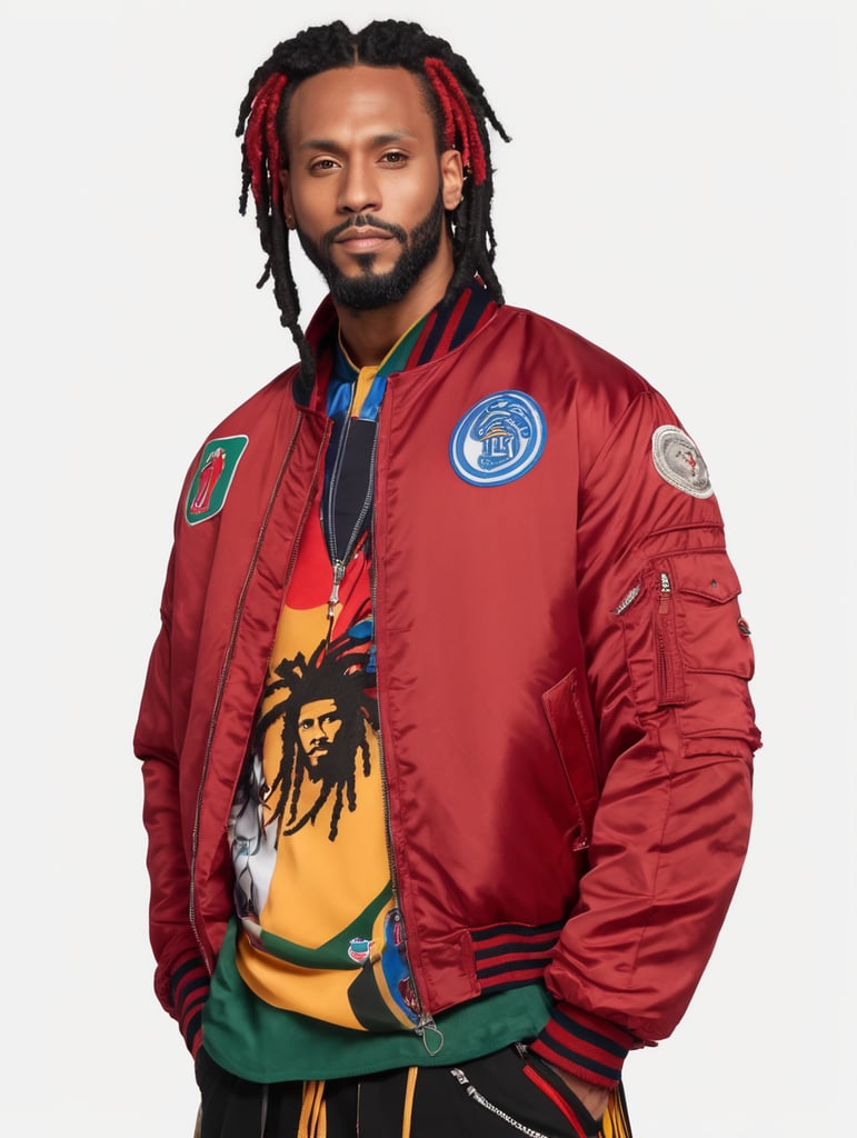 a man with dreadlocks on his head is wearing a colored jersey and a red bomber jacket