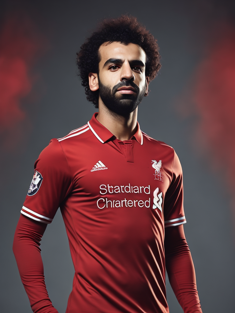 Mohamed Salah portrait in a red Liverpool football uniform, bright and saturated colors, highly detailed, fashion magazine, sharp focus, Dramatic Lighting, Depth of field, Incredibly high detailed, blurred background