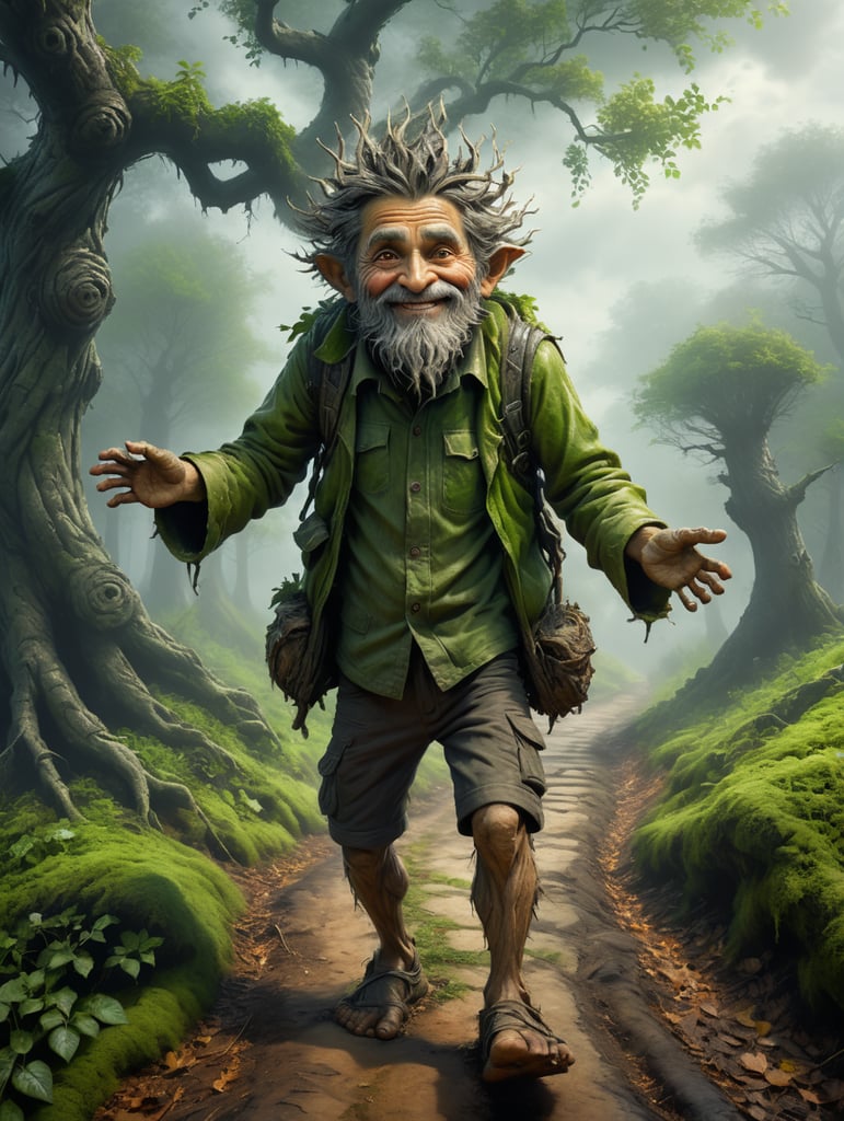 A tree in the shape of a very, very old, friendly, slightly smiling, small wood sprite, a baggy jacket made completely out of Ash leaves and baggy trousers made out of Ash tree bark. Arms raised up to the sky, green skin, bare human feet and untidy hair. Behind him just a misty path.