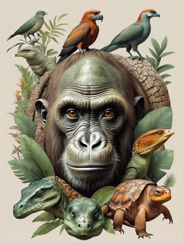 animal mixed with a lizard, orangutan, snake, bird, and turtle