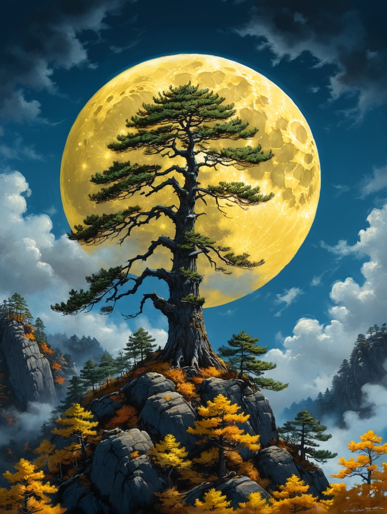 осенняя луна сосну рисует тушью на синих небесах. хокку, японский пейзаж, ночь, желтая идеально круглая луна, утес