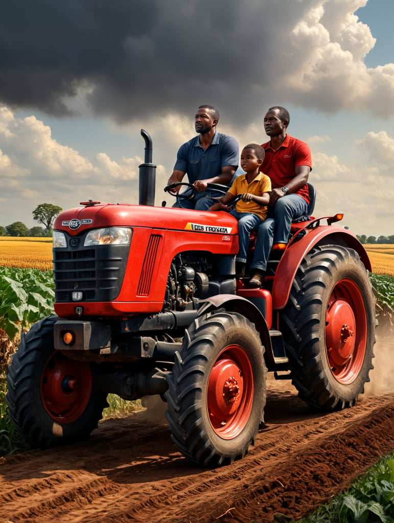 african american family on case red tractor only father driving