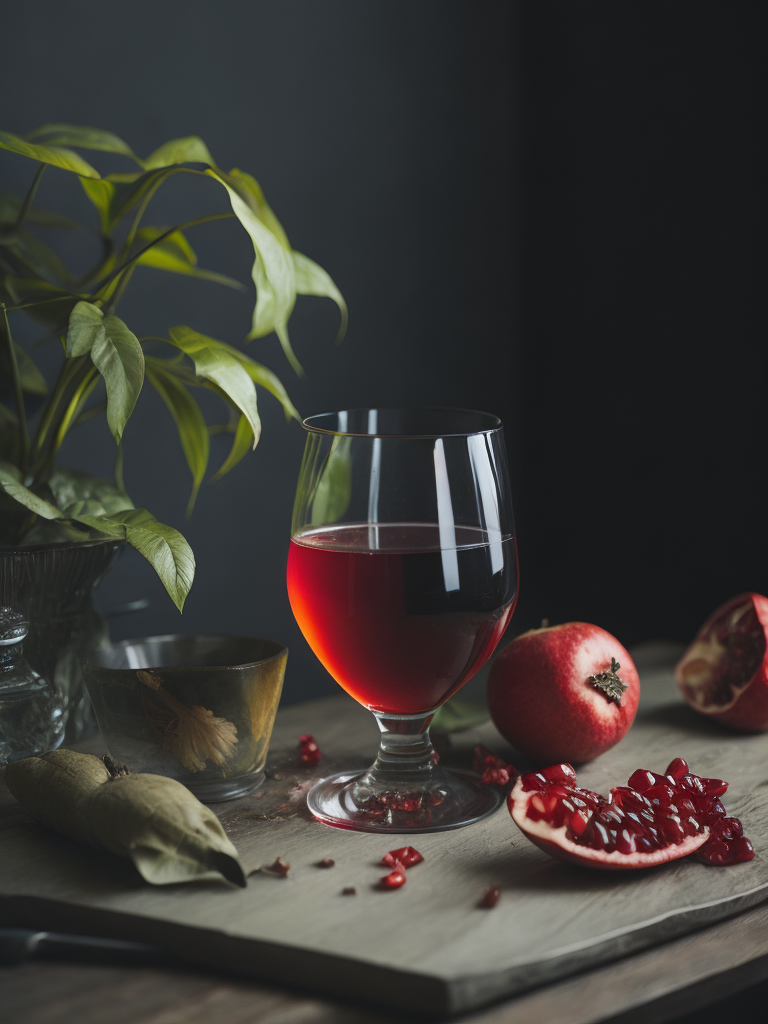 a glass of homemade pomegranate juices, green leaves and pomegranate on the table, deep colors, dark atmosphere