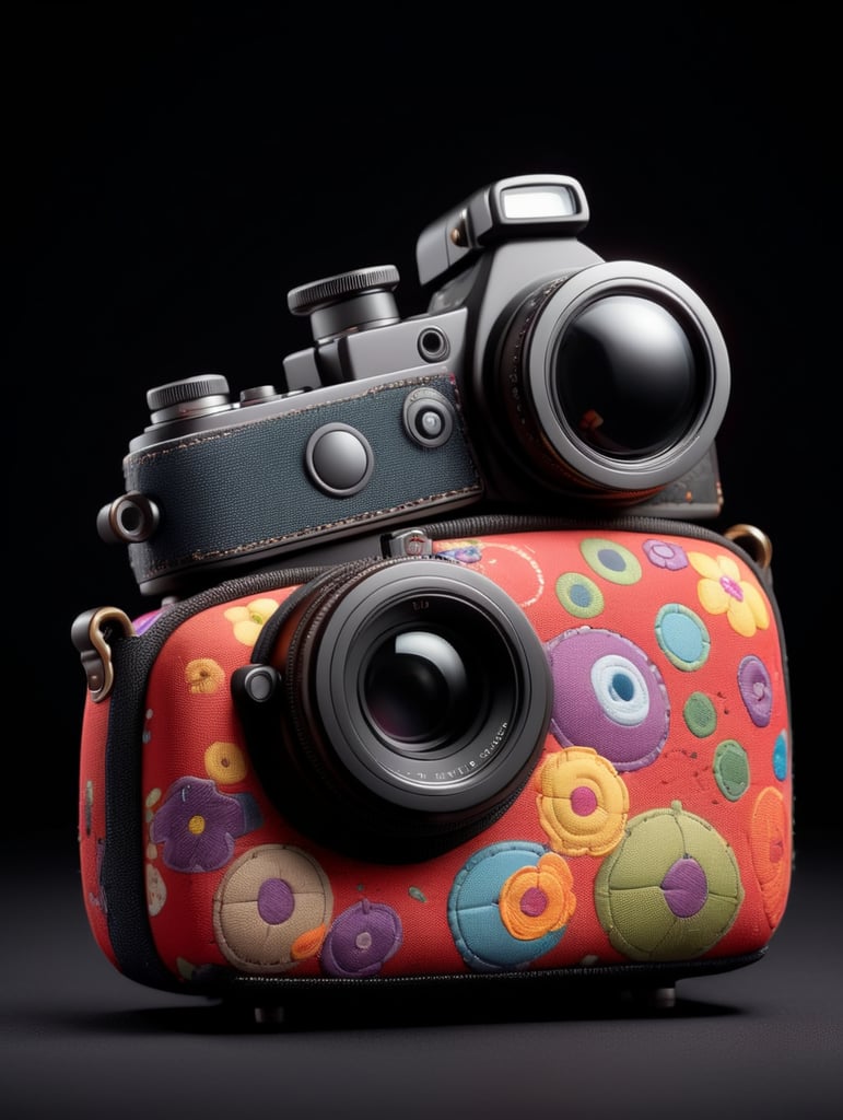 leica camera, decorated with textile, fabric case, isolated, black background