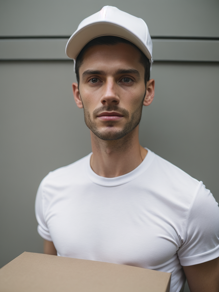 portrait of a delivery man, wearing a white cap and white t-shirt, holding a box